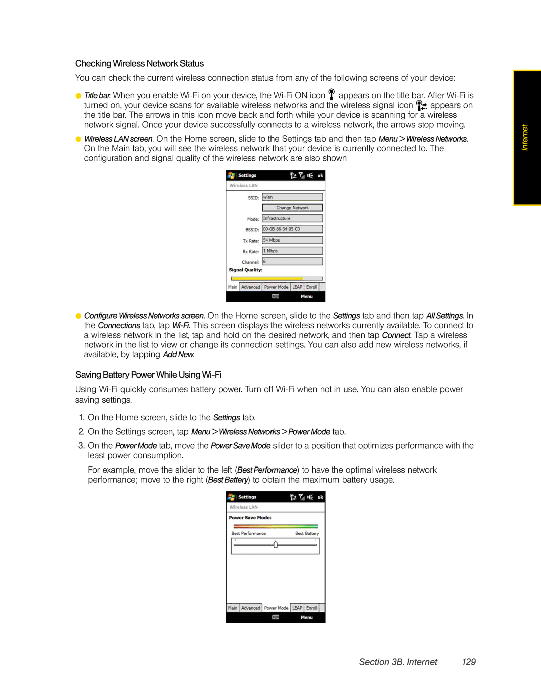 HTC DIAM500 manual CheckingWireless NetworkStatus, Saving Battery Power WhileUsing Wi-Fi, Internet 129 