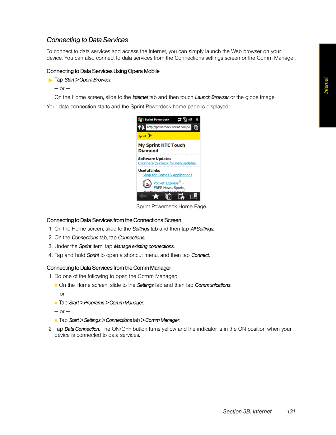 HTC DIAM500 Connecting to Data Services Using Opera Mobile, ConnectingtoData Services from the Connections Screen 