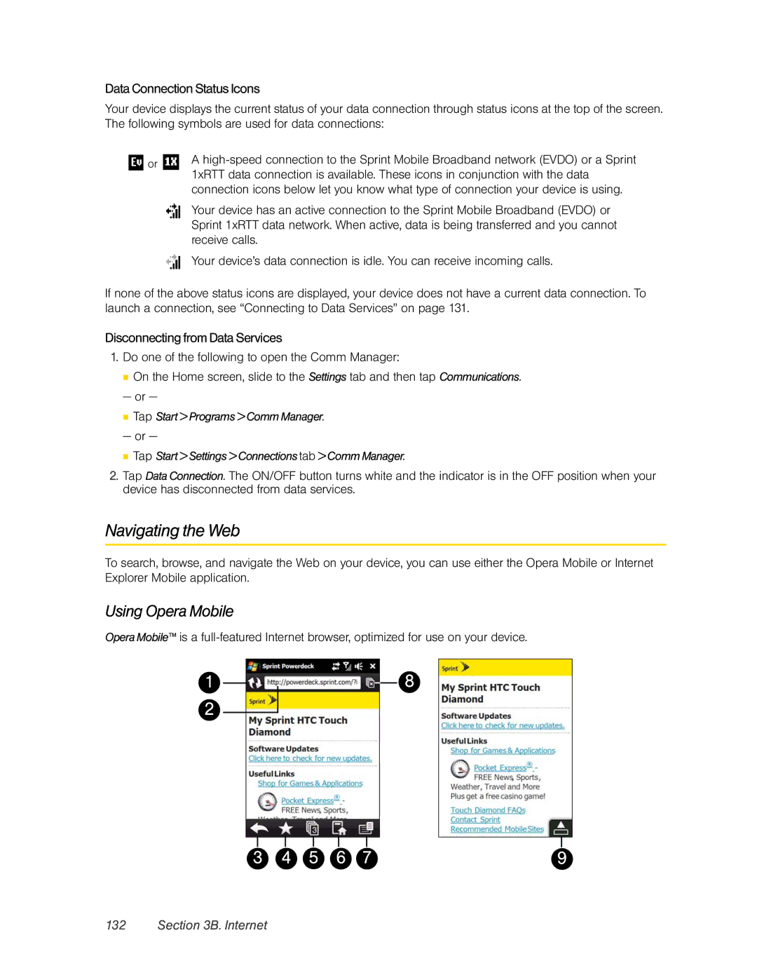 HTC DIAM500 manual Navigating the Web, Using Opera Mobile, DataConnection Status Icons, Disconnectingfrom Data Services 