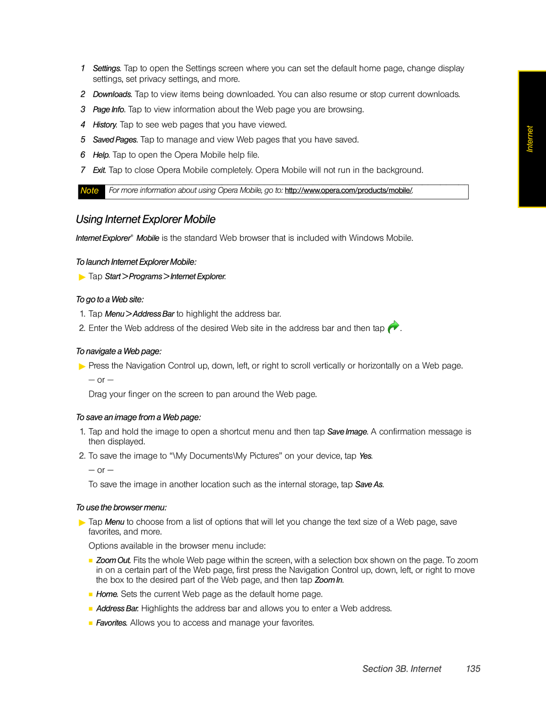 HTC DIAM500 manual Using Internet Explorer Mobile, Internet 135, To navigate a Web, To save an image from a Web 