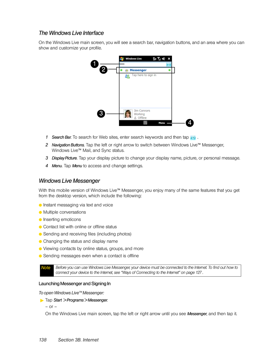 HTC DIAM500 manual Windows Live Interface, Windows Live Messenger, Launching MessengerandSigningIn 