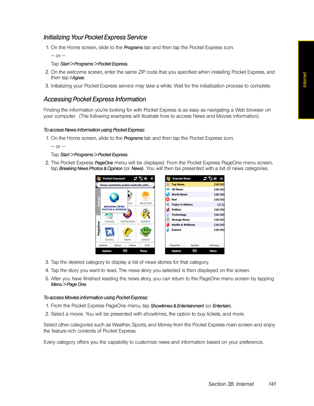 HTC DIAM500 manual Initializing Your Pocket Express Service, Accessing Pocket Express Information, Internet 141 