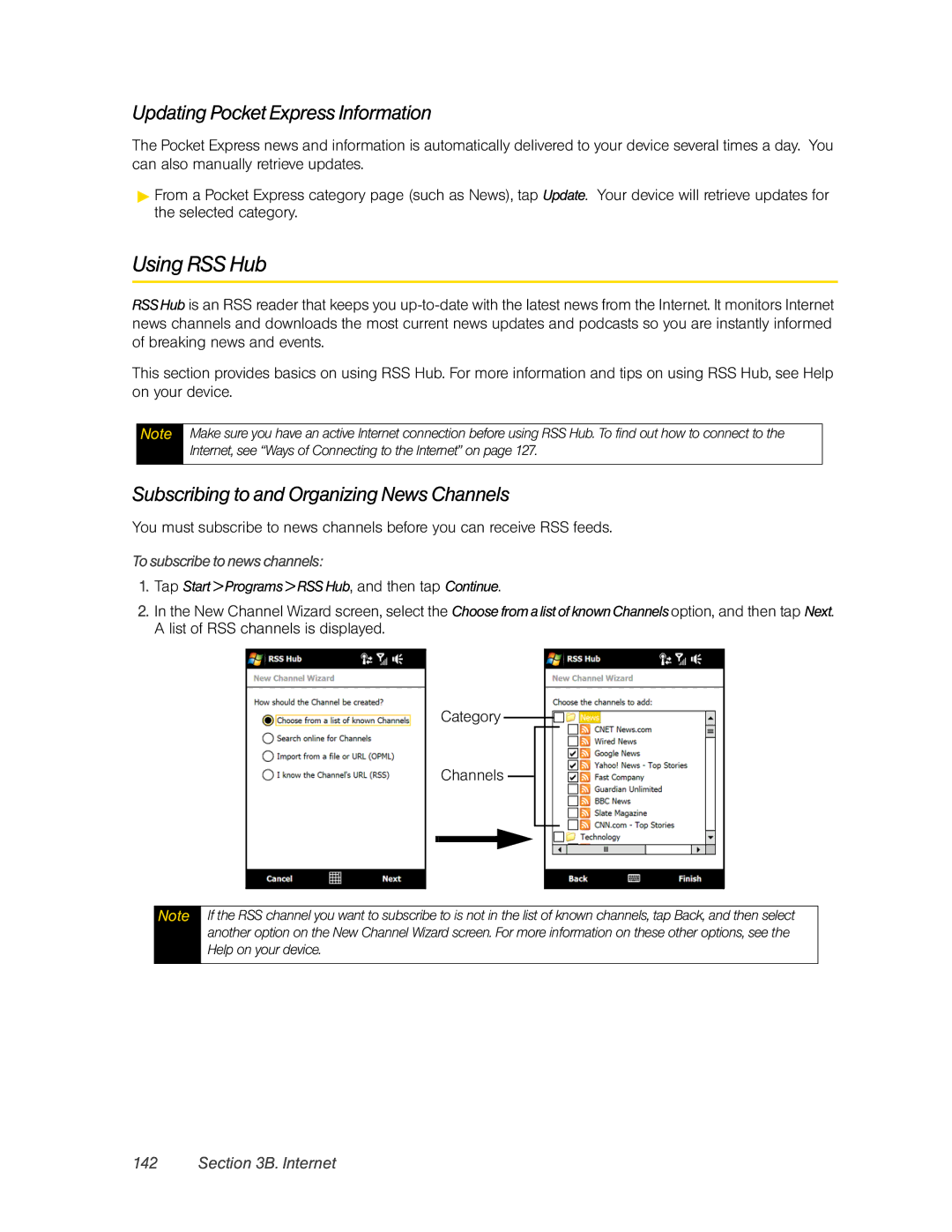 HTC DIAM500 manual Using RSS Hub, Updating Pocket Express Information, Subscribing to and Organizing News Channels 