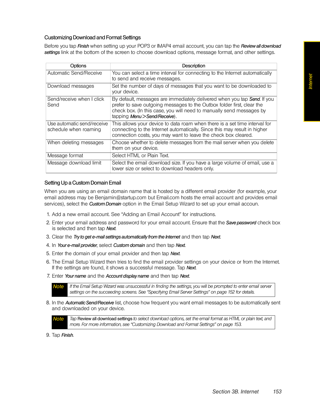 HTC DIAM500 manual Customizing Download and Format Settings, Setting Up a Custom Domain Email, Internet 153 