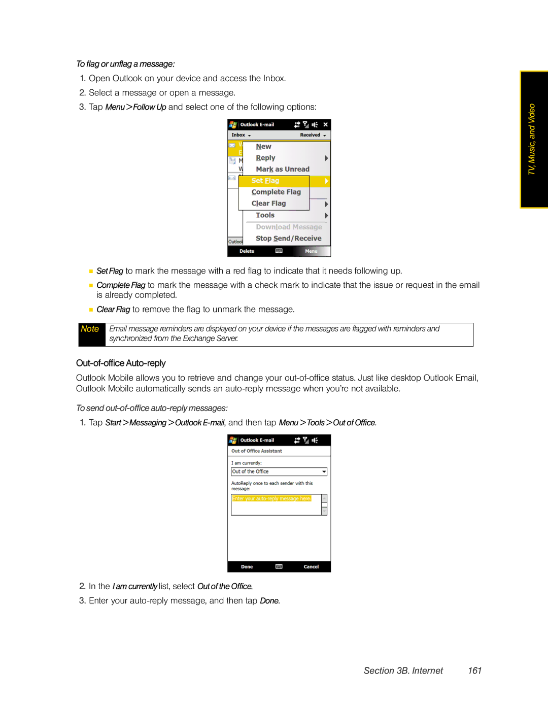 HTC DIAM500 Out-of-officeAuto-reply, Internet 161, To flag or unflag a message, To send out-of-office auto-reply messages 