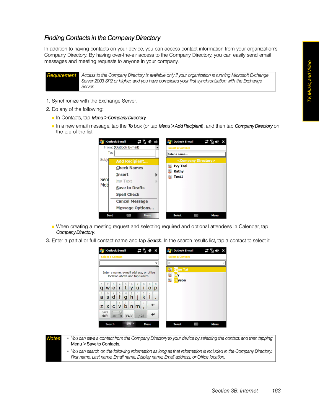 HTC DIAM500 manual Finding Contacts in the Company Directory, Internet 163,  In Contacts, tap Menu Company Directory 