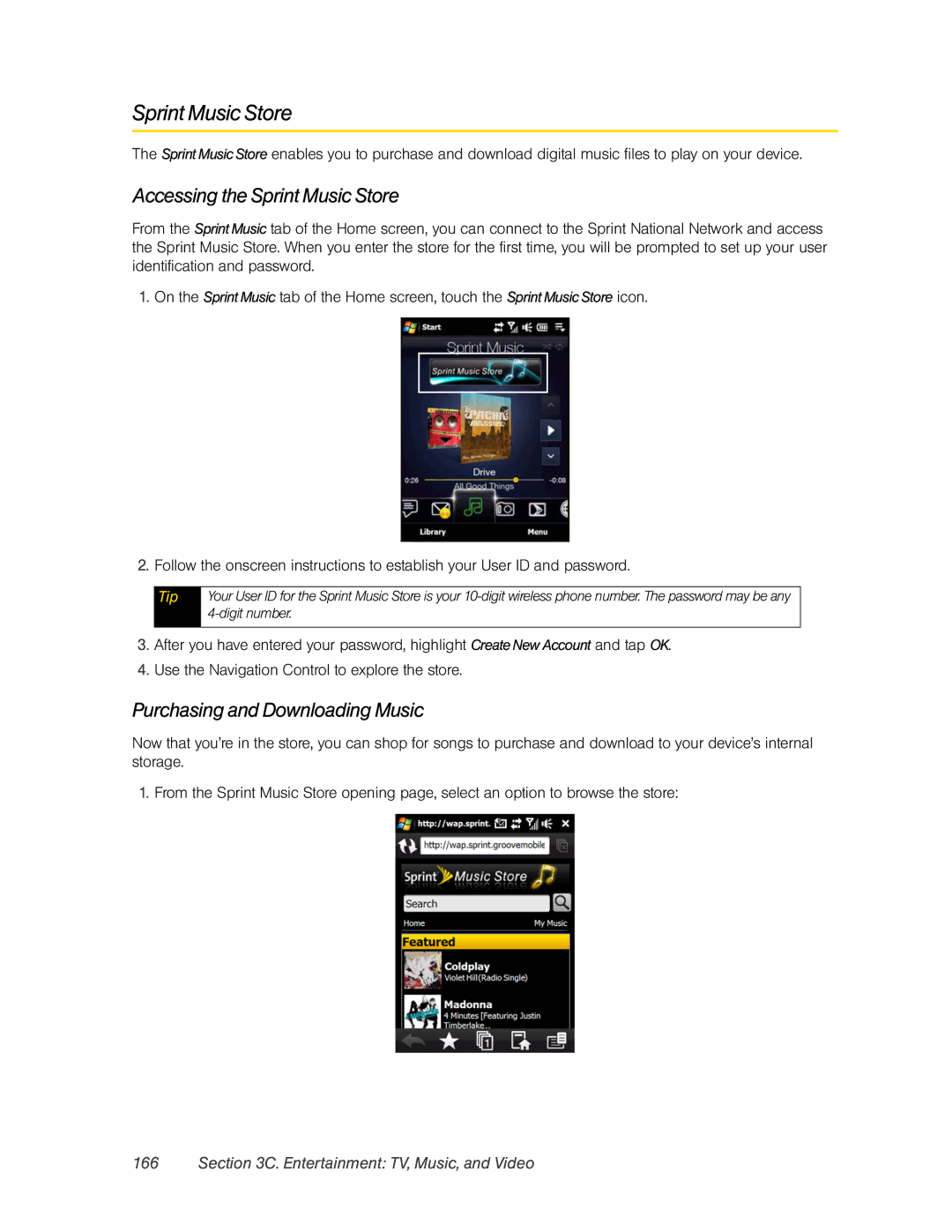 HTC DIAM500 manual Accessing the Sprint Music Store, Purchasing and Downloading Music 
