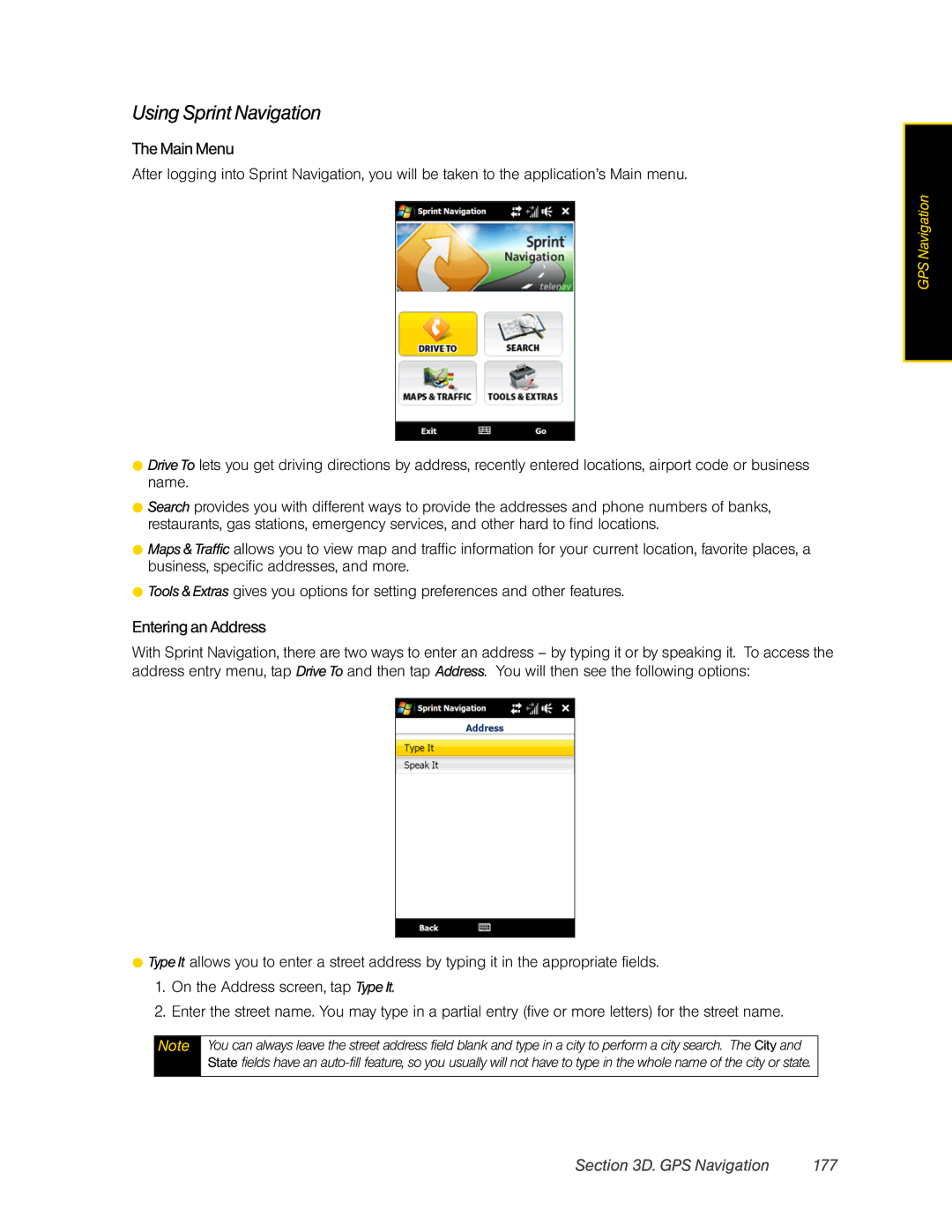 HTC DIAM500 manual Using Sprint Navigation, Main Menu, Entering an Address, GPS Navigation 177 