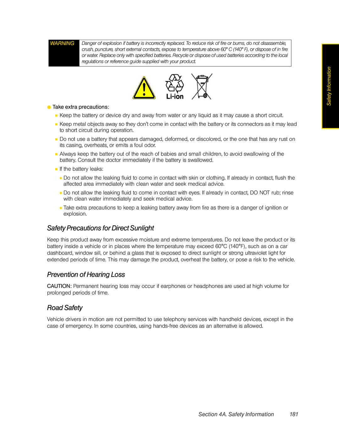 HTC DIAM500 manual Safety Precautions for Direct Sunlight, Prevention of Hearing Loss Road Safety, Safety Information 181 