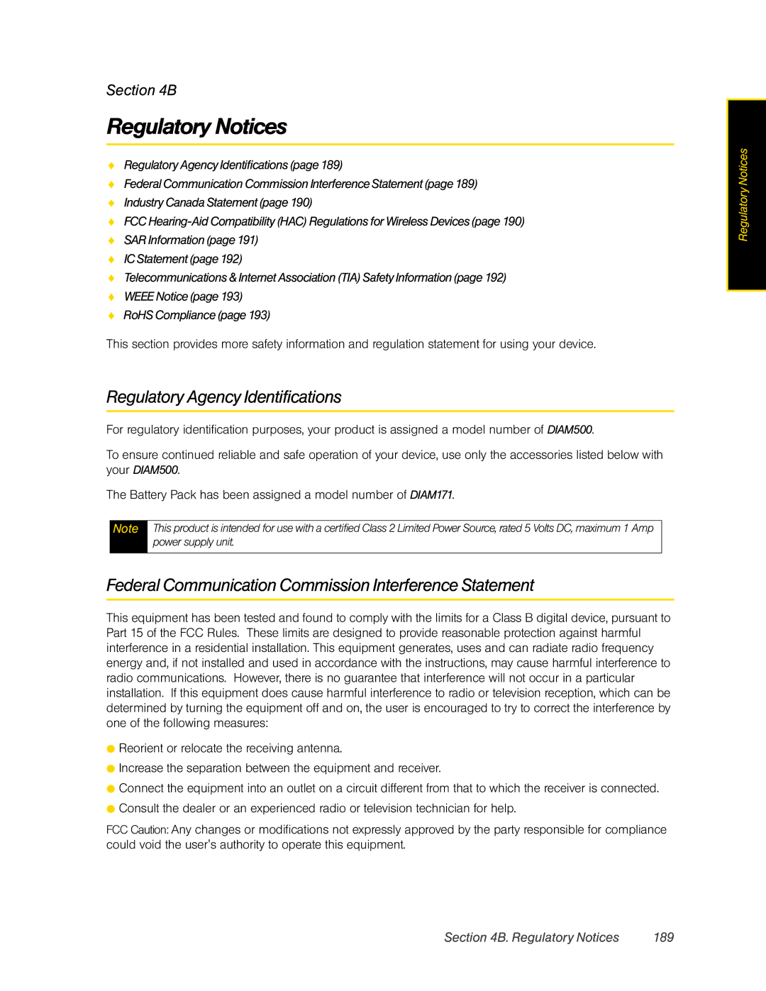 HTC DIAM500 Regulatory Notices, Regulatory Agency Identifications, Federal Communication Commission Interference Statement 