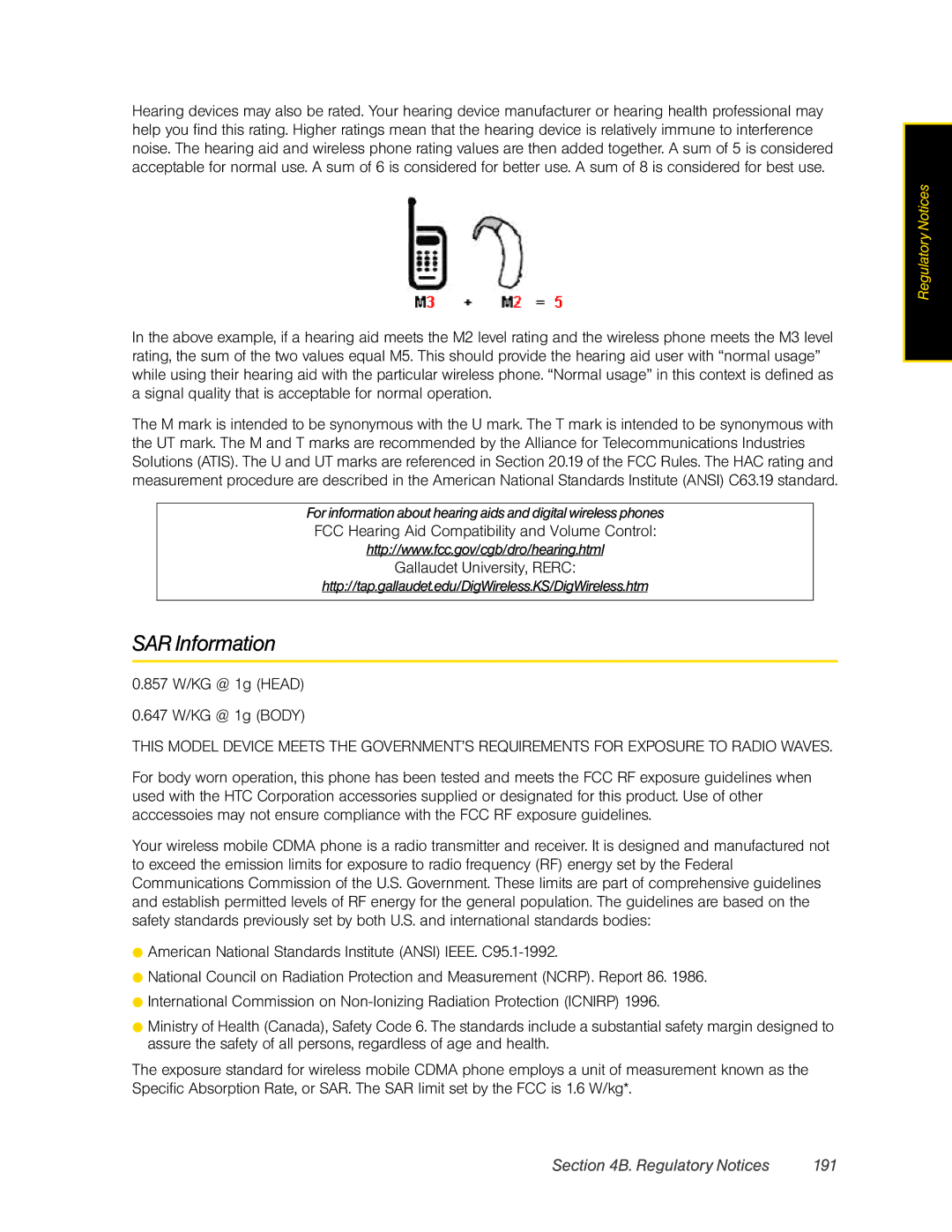 HTC DIAM500 manual SAR Information, Regulatory Notices 191, Http//tap.gallaudet.edu/DigWireless.KS/DigWireless.htm 