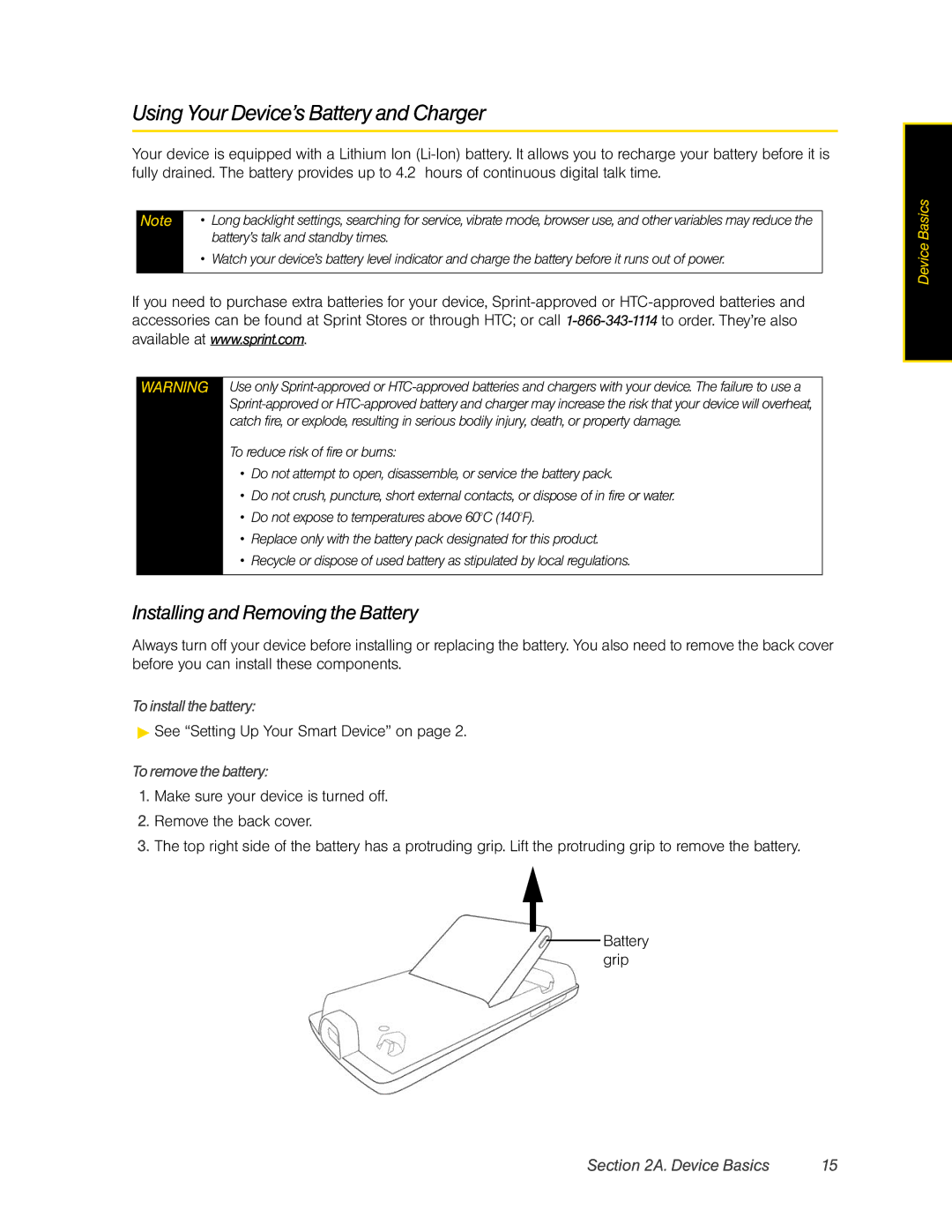 HTC DIAM500 manual Using Your Device’s Battery and Charger, Installing and Removing the Battery, To install the battery 