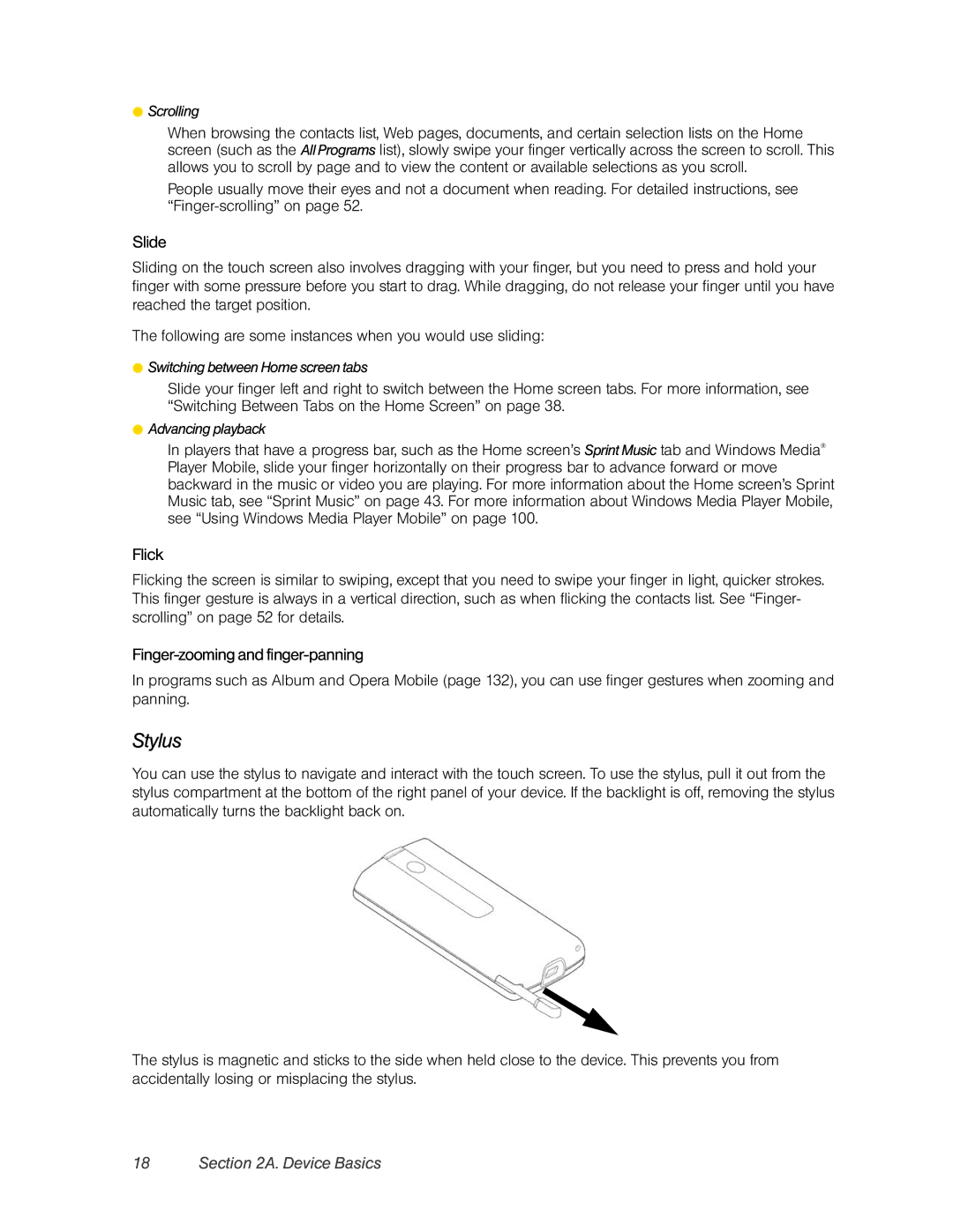 HTC DIAM500 manual Stylus, Slide, Flick, Finger-zooming andfinger-panning 