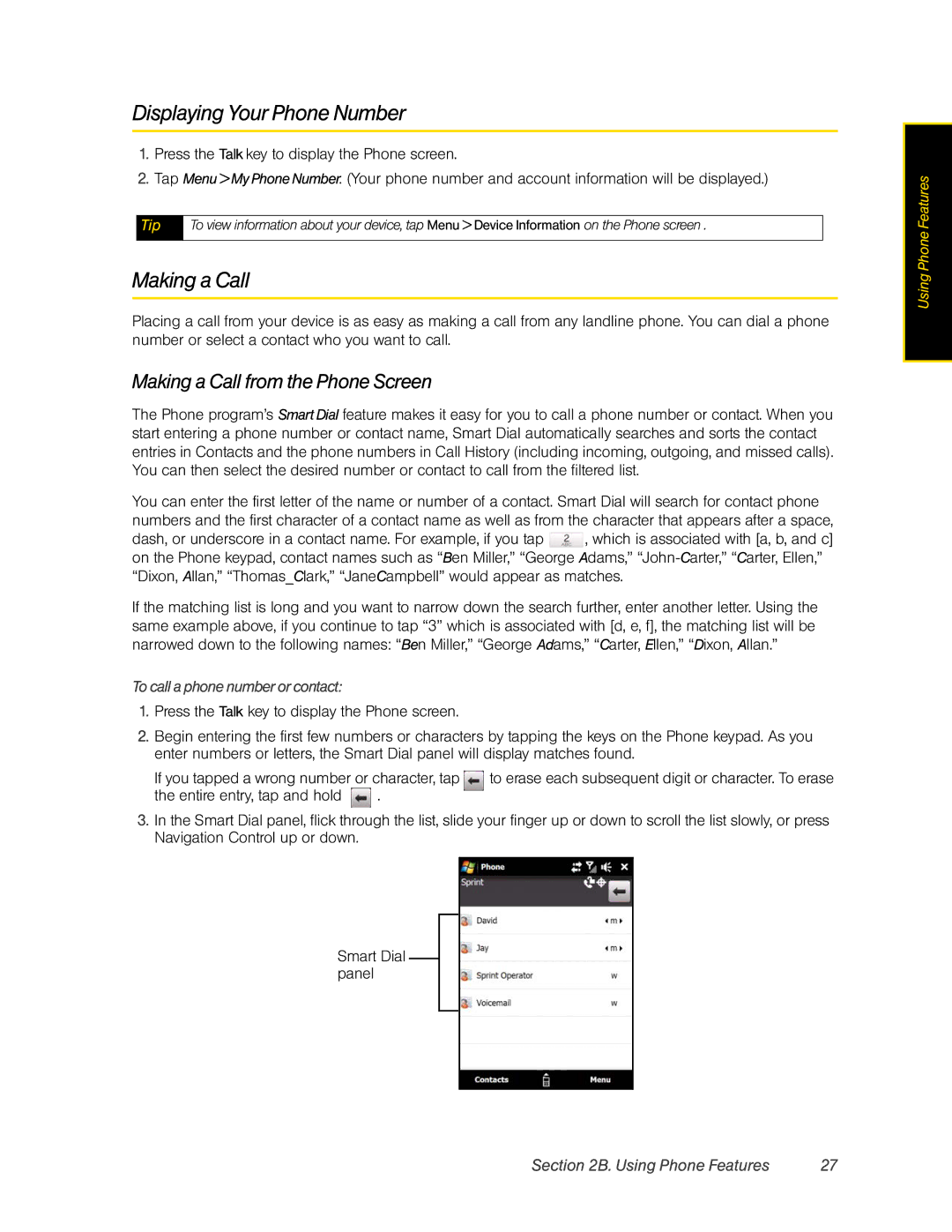 HTC DIAM500 manual Displaying Your Phone Number, Making a Call from the Phone Screen, To call a phone number or contact 