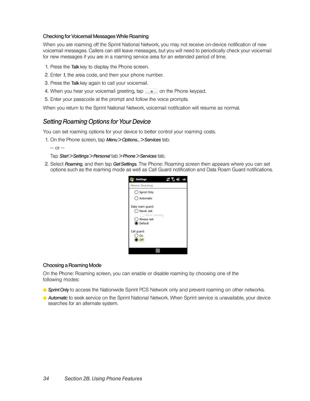 HTC DIAM500 Setting Roaming Options for Your Device, Checking forVoicemailMessages WhileRoaming, Choosing aRoaming Mode 