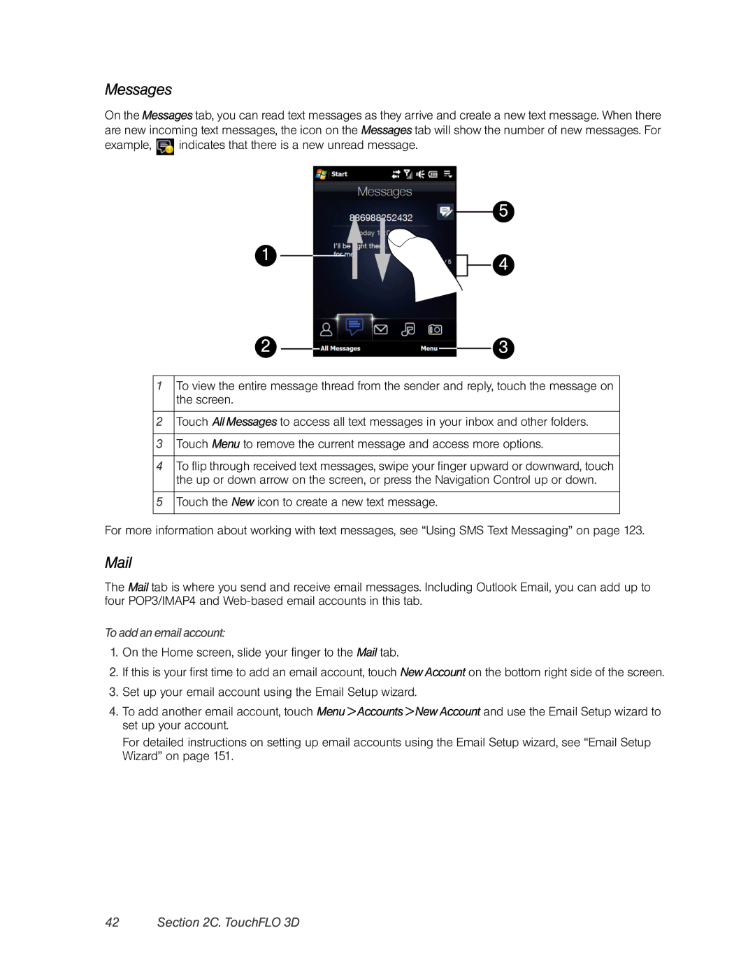 HTC DIAM500 manual Messages, Mail, To add an email account 