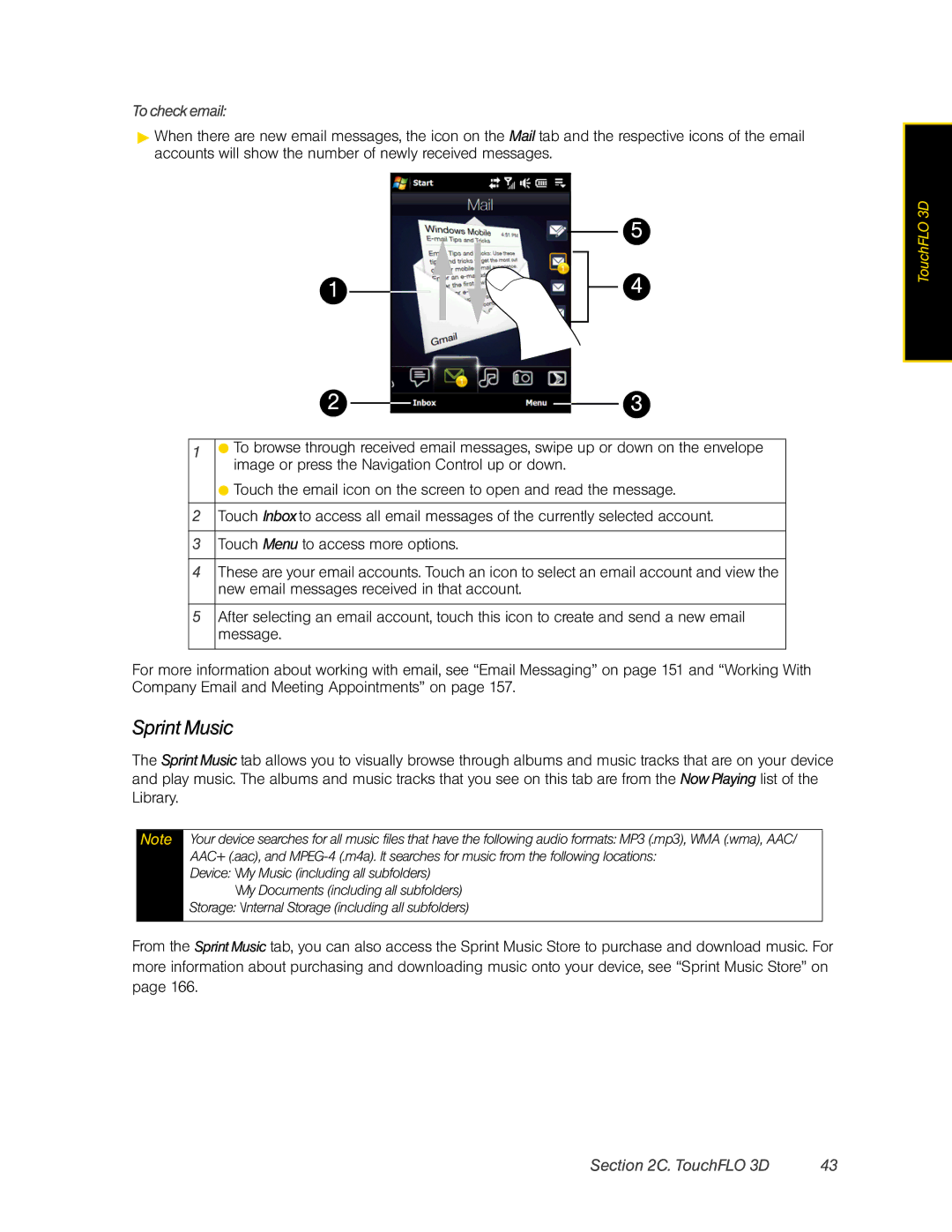 HTC DIAM500 manual Sprint Music, To check email 