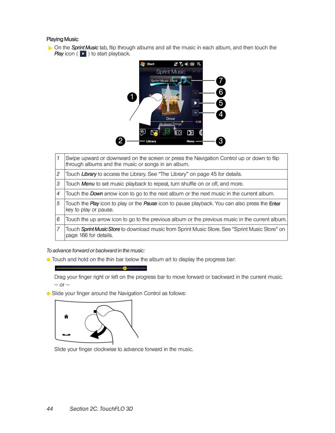 HTC DIAM500 manual Playing Music, To advance forward or backward in the music 