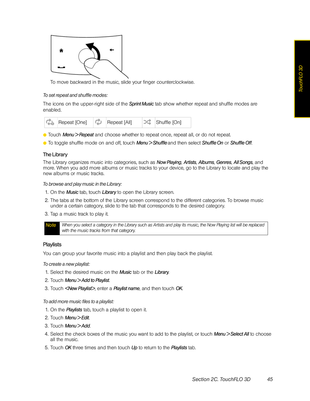 HTC DIAM500 manual To set repeat and shuffle modes, To browse and play music in the Library, To create a new playlist 