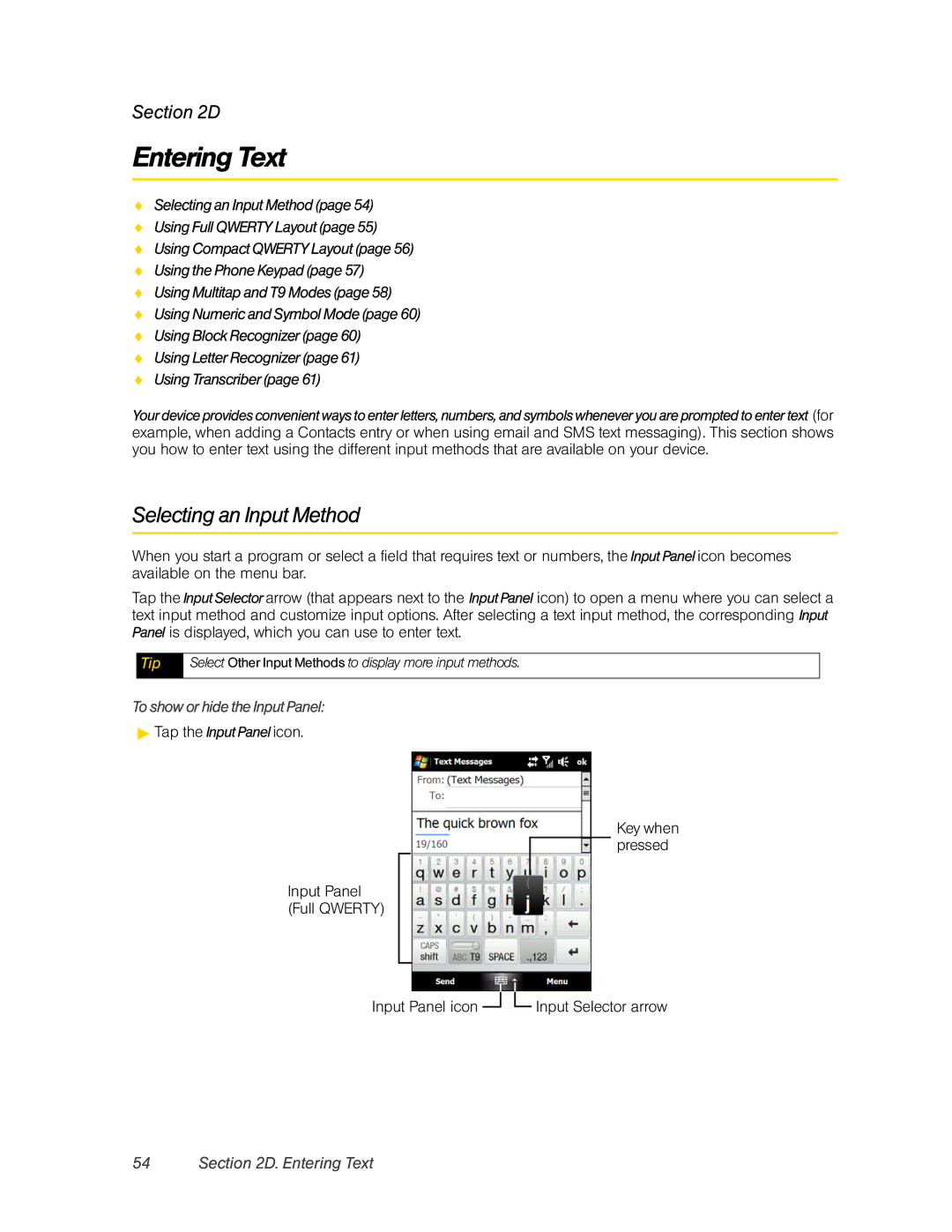 HTC DIAM500 manual Entering Text, Selecting an Input Method, To show or hide the Input Panel 