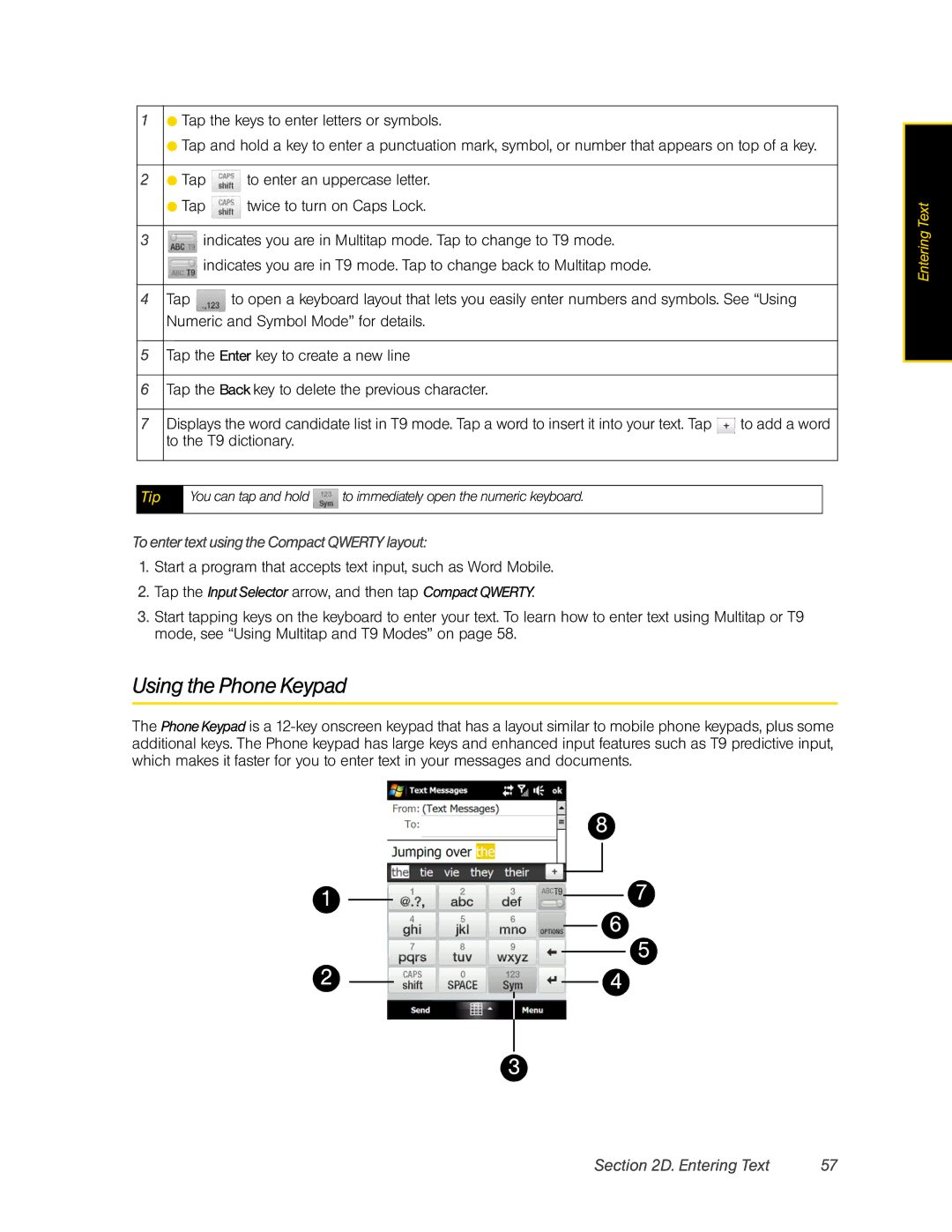 HTC DIAM500 manual Using the Phone Keypad, To enter text using the Compact Qwerty layout 