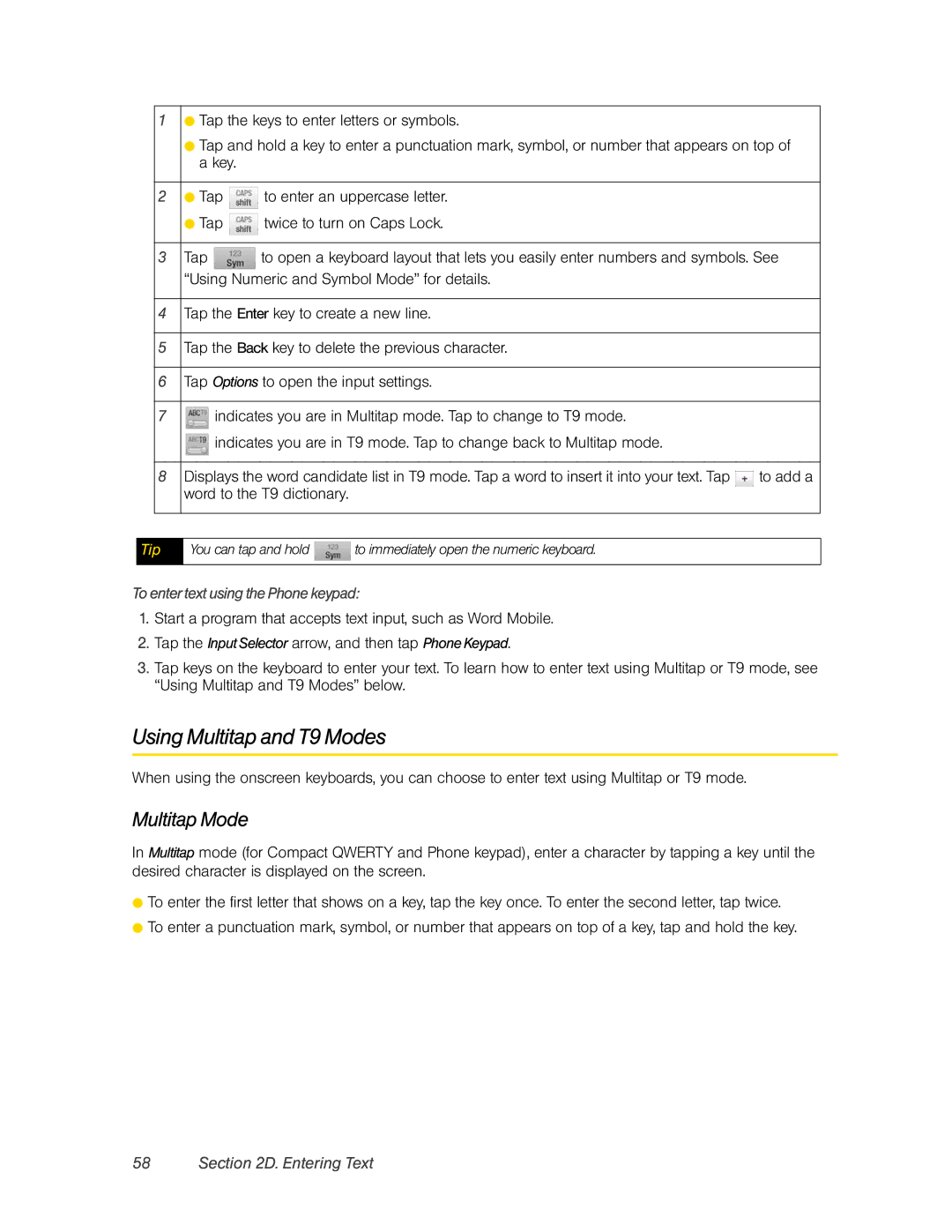 HTC DIAM500 manual Using Multitap and T9 Modes, Multitap Mode, To enter text using the Phone keypad 