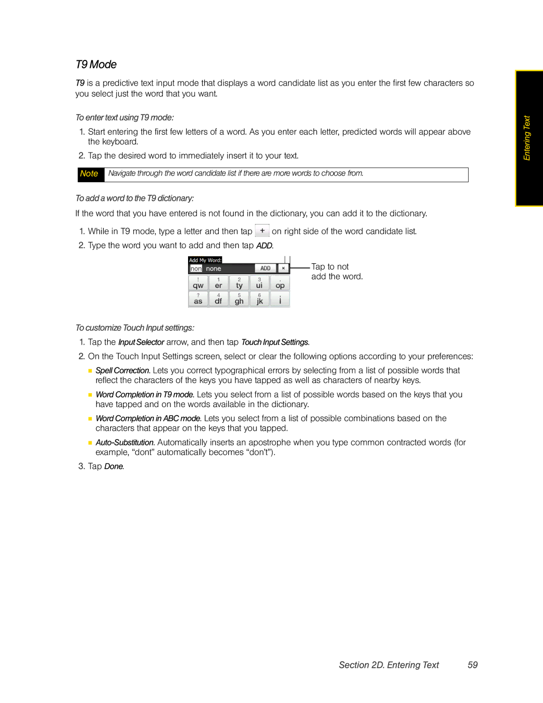 HTC DIAM500 T9 Mode, To enter text using T9 mode, To add a word to the T9 dictionary, To customize Touch Input settings 