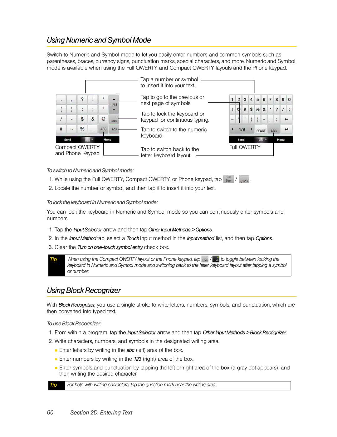 HTC DIAM500 manual Using Numeric and Symbol Mode, Using Block Recognizer, To lock the keyboard in Numeric and Symbol mode 