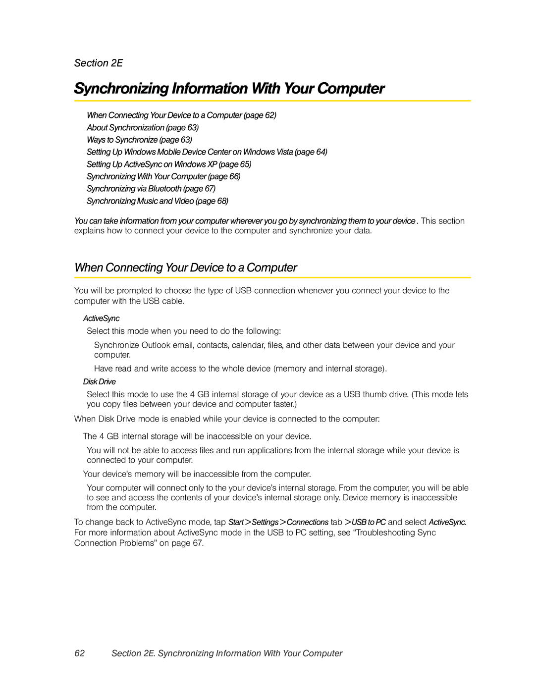 HTC DIAM500 manual Synchronizing Information With Your Computer, When Connecting Your Device to a Computer,  ActiveSync 