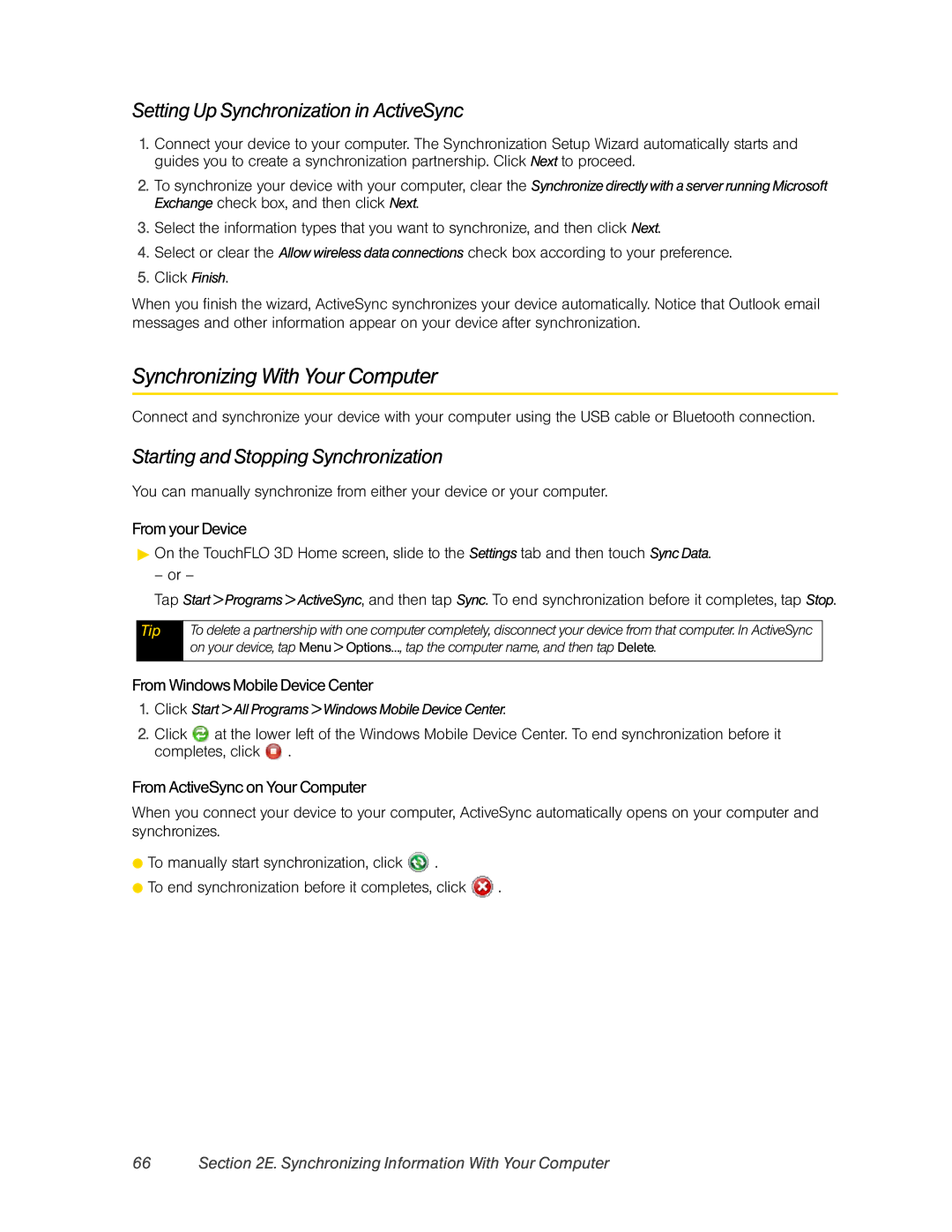 HTC DIAM500 manual Synchronizing With Your Computer, Setting Up Synchronization in ActiveSync 