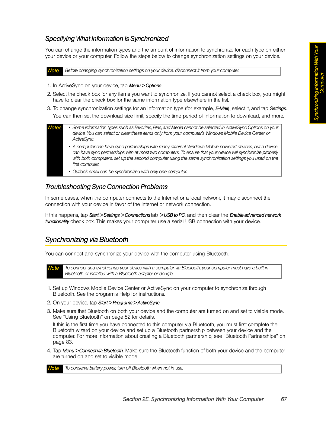 HTC DIAM500 manual Synchronizing via Bluetooth, Specifying What Information Is Synchronized 