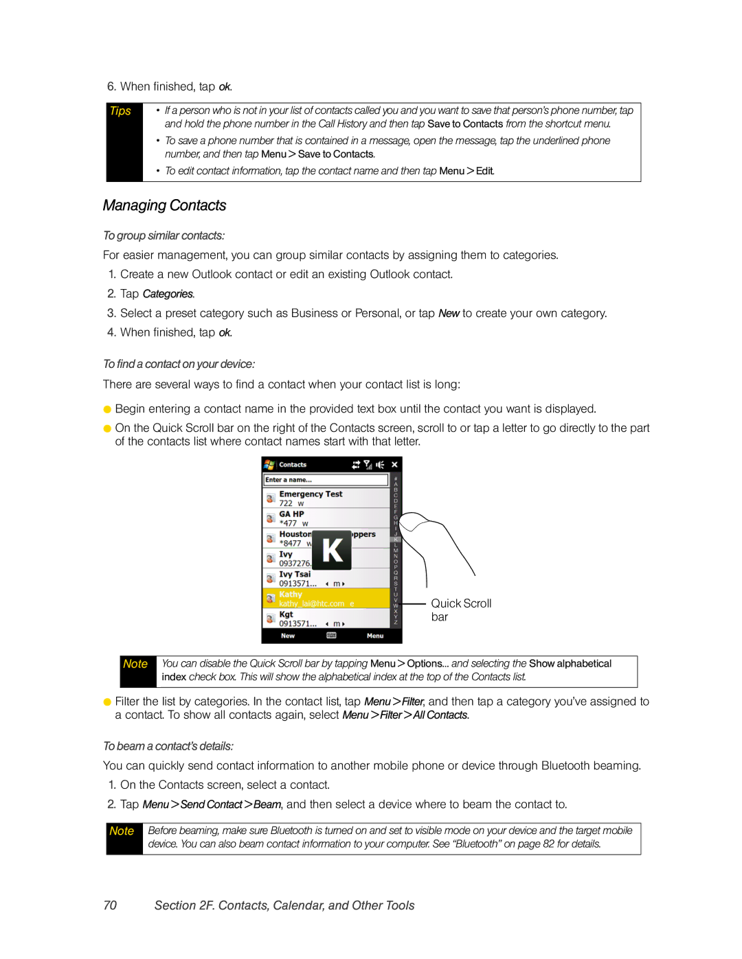 HTC DIAM500 Managing Contacts, Contacts, Calendar, and Other Tools, To group similar contacts, To beam a contact’s details 