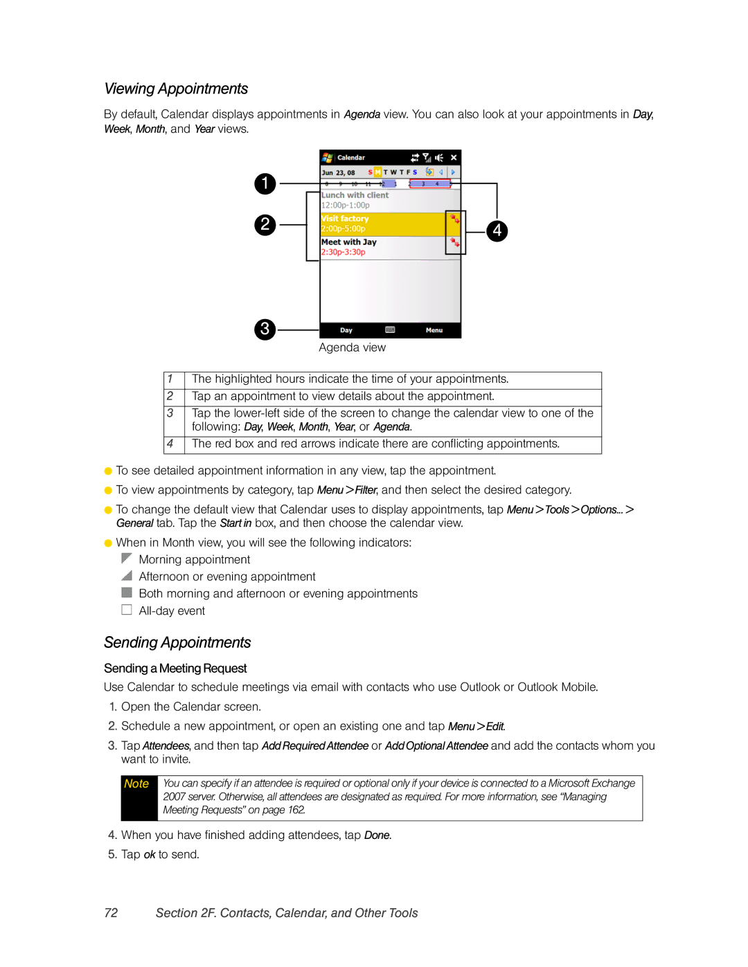 HTC DIAM500 manual Viewing Appointments, Sending Appointments, Sending a Meeting Request 