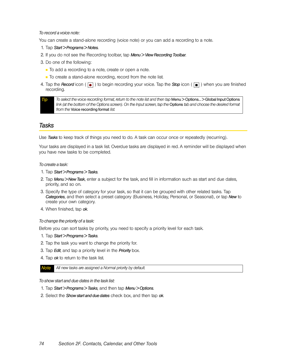 HTC DIAM500 manual Tasks, To record a voice note, To create a task, To change the priority of a task 