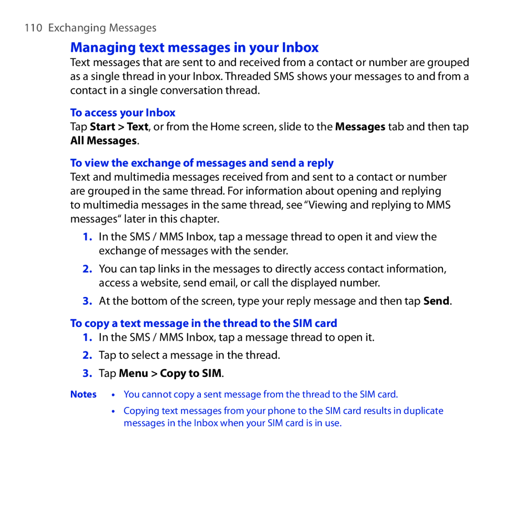 HTC Diamond2 Managing text messages in your Inbox, To access your Inbox, To view the exchange of messages and send a reply 