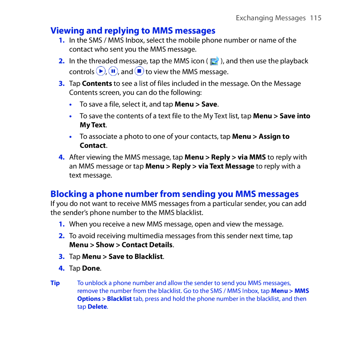 HTC Diamond2 user manual Viewing and replying to MMS messages, Blocking a phone number from sending you MMS messages 