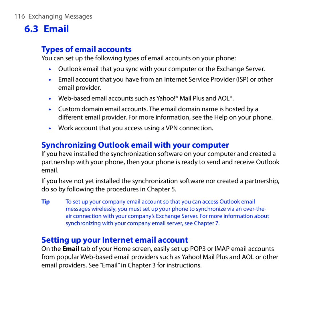 HTC Diamond2 user manual Types of email accounts, Synchronizing Outlook email with your computer 