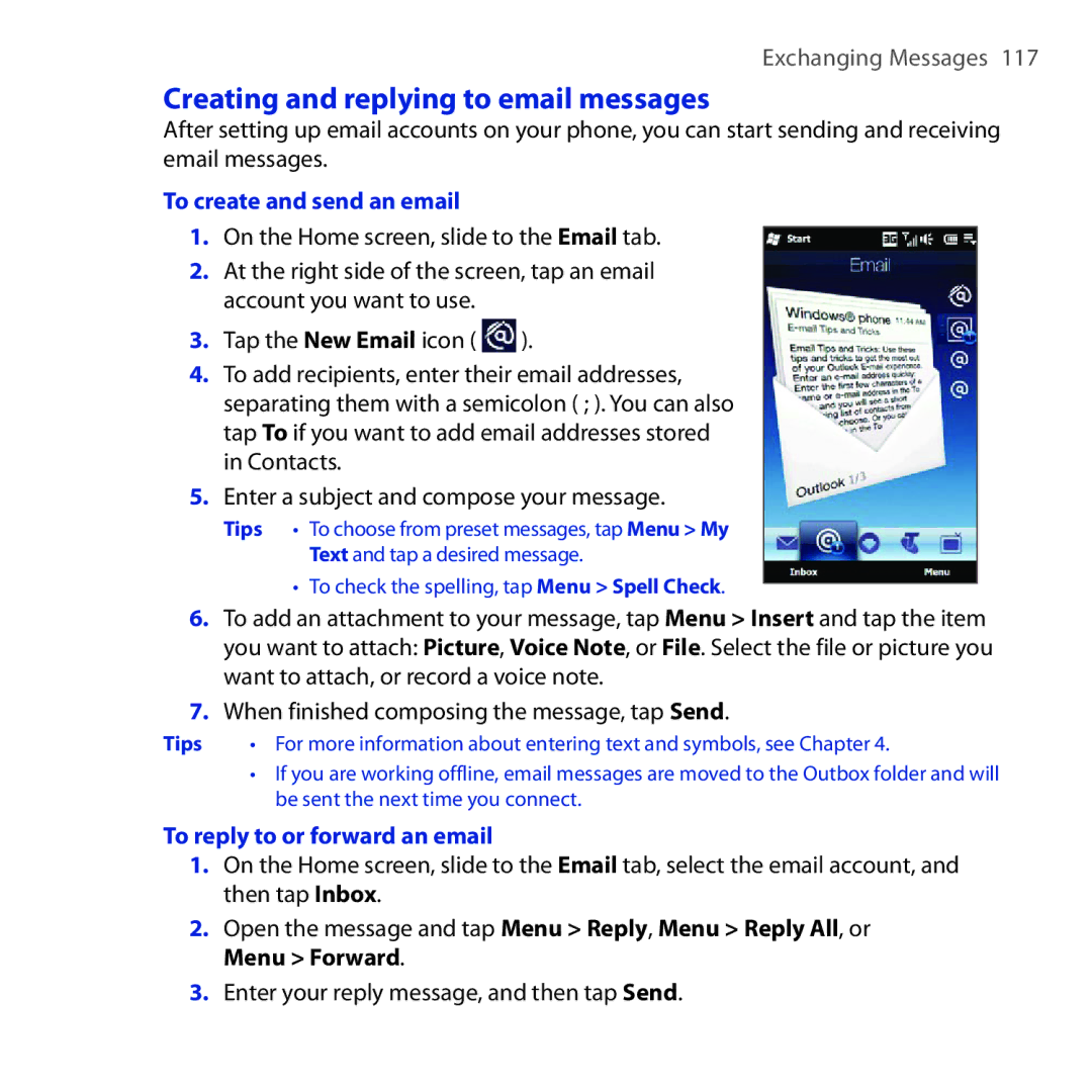 HTC Diamond2 Creating and replying to email messages, To create and send an email, To reply to or forward an email 