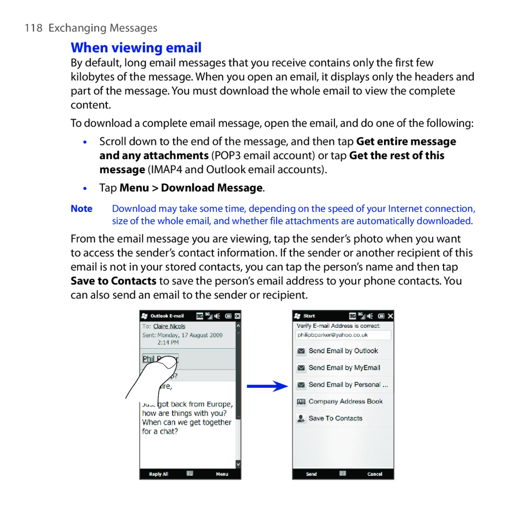 HTC Diamond2 user manual When viewing email, Tap Menu Download Message 