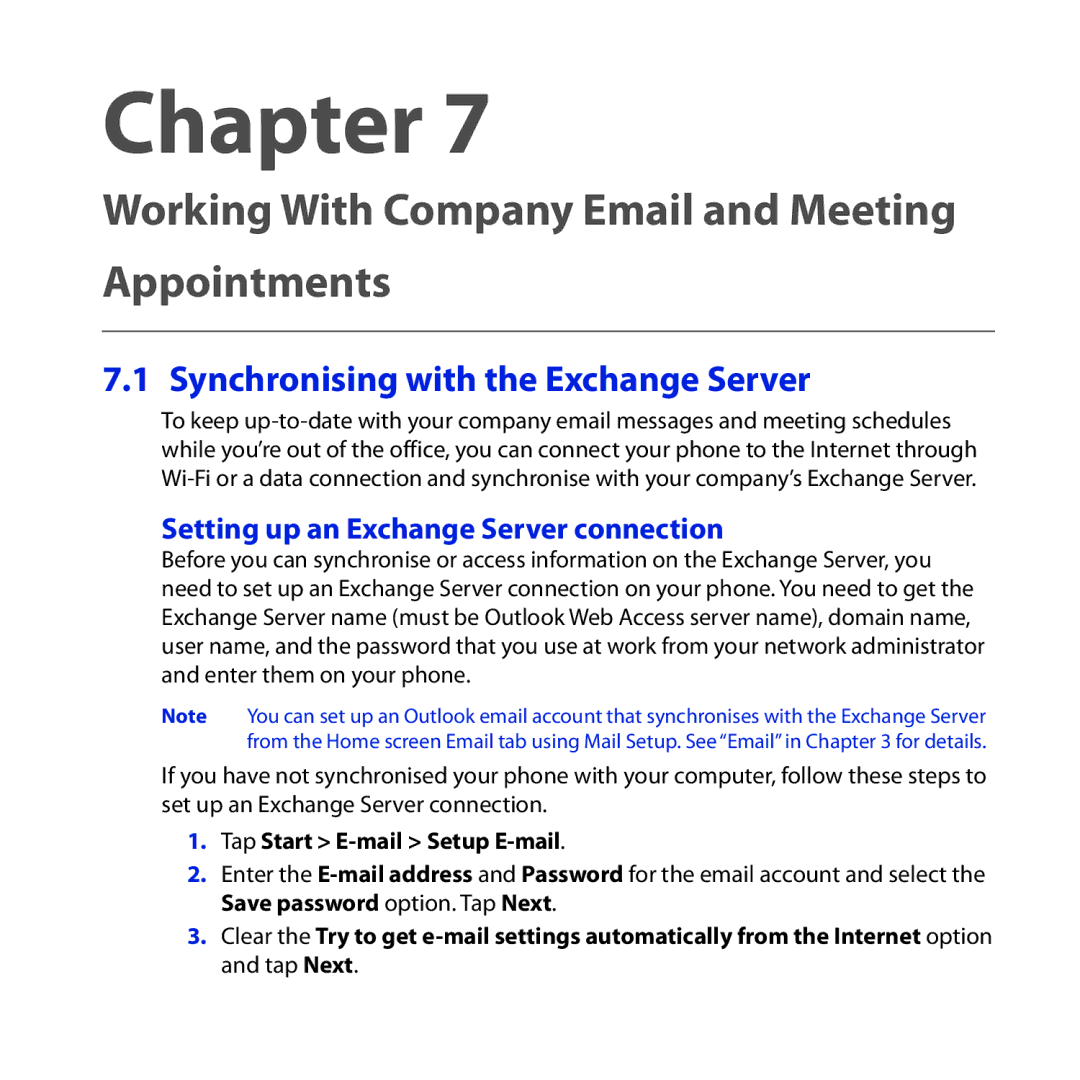 HTC Diamond2 user manual Synchronising with the Exchange Server, Setting up an Exchange Server connection 