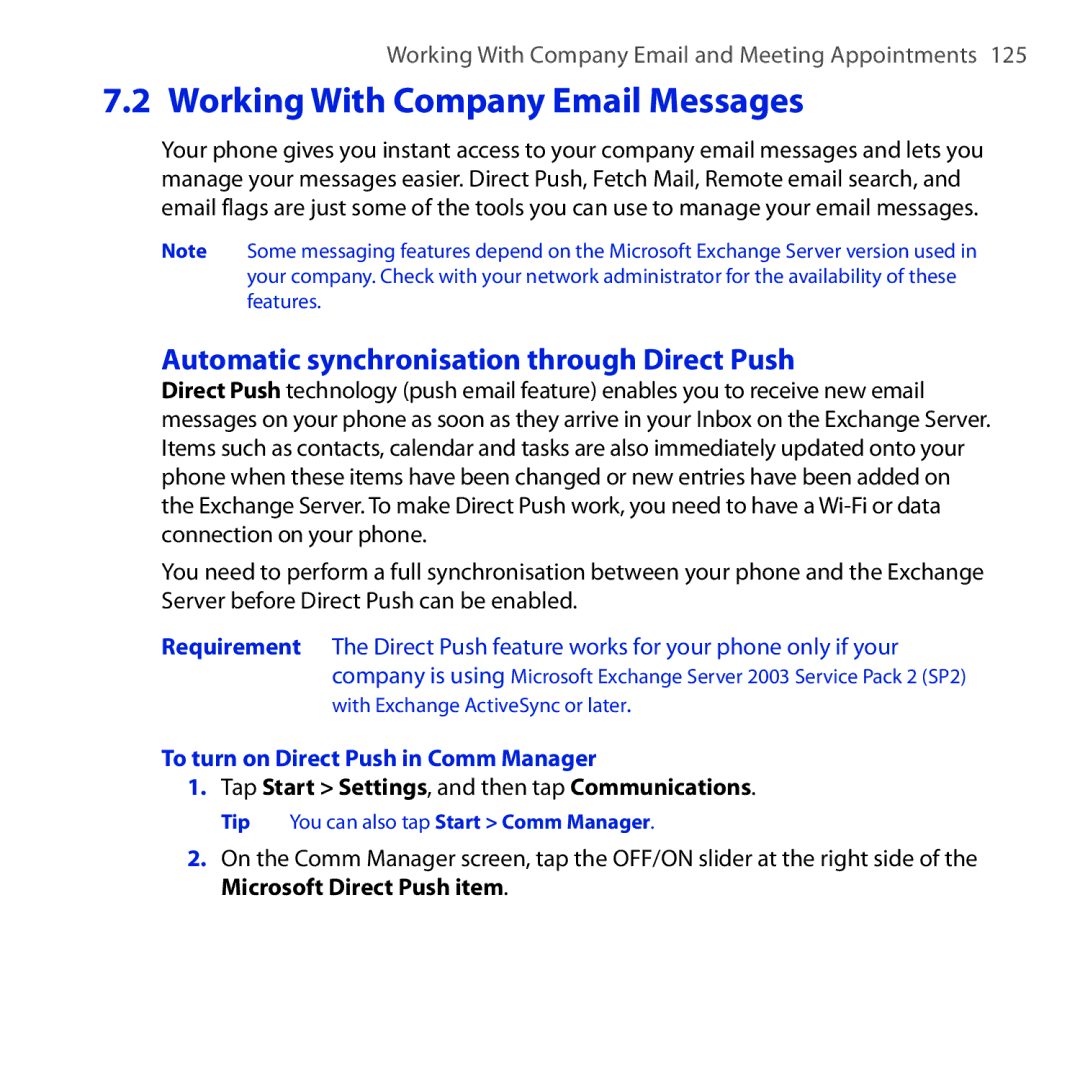 HTC Diamond2 user manual Working With Company Email Messages, Automatic synchronisation through Direct Push 