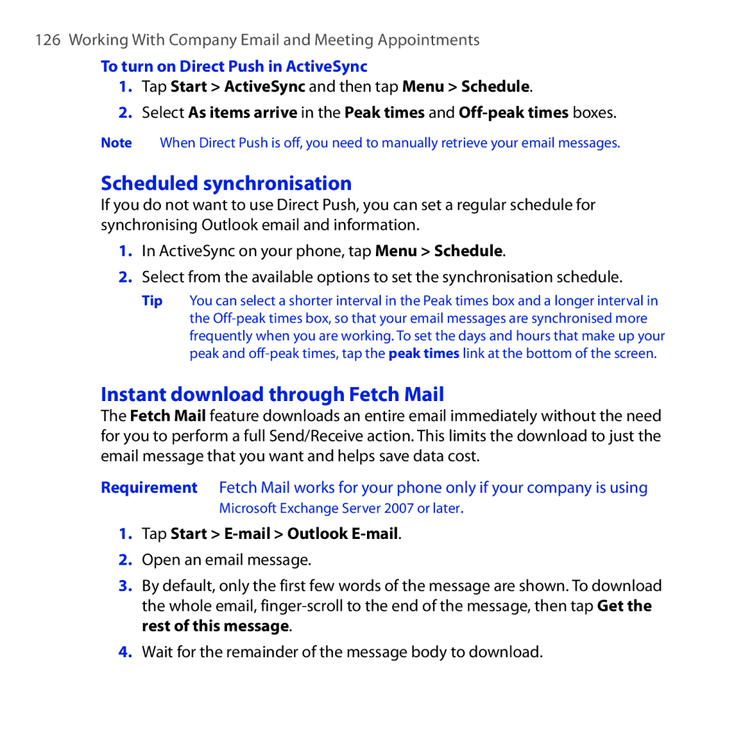 HTC Diamond2 Scheduled synchronisation, Instant download through Fetch Mail, To turn on Direct Push in ActiveSync 