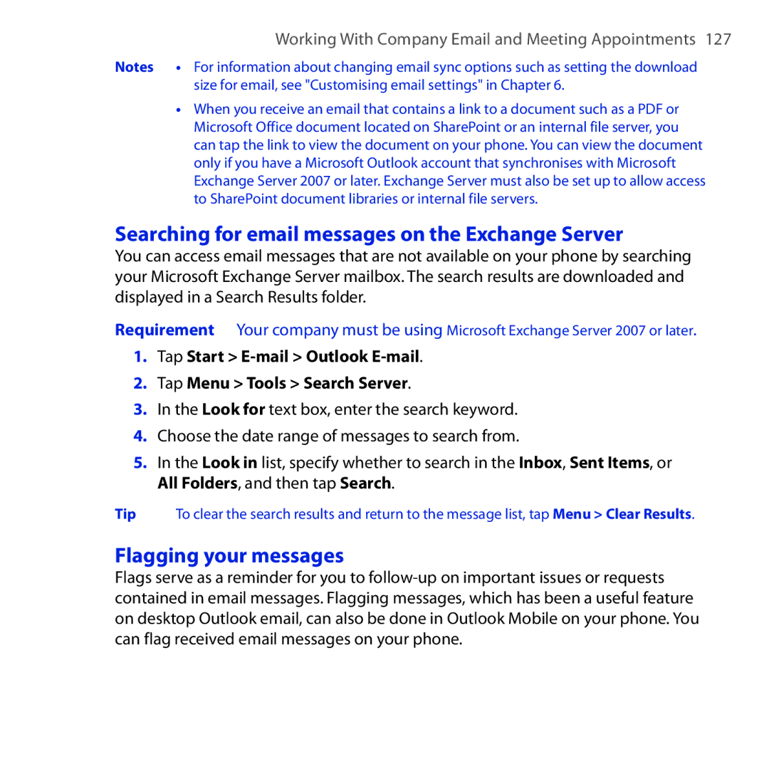 HTC Diamond2 user manual Searching for email messages on the Exchange Server, Flagging your messages 