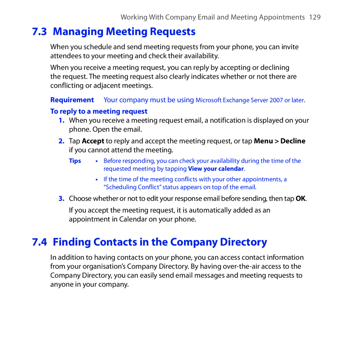 HTC Diamond2 Managing Meeting Requests, Finding Contacts in the Company Directory, To reply to a meeting request 