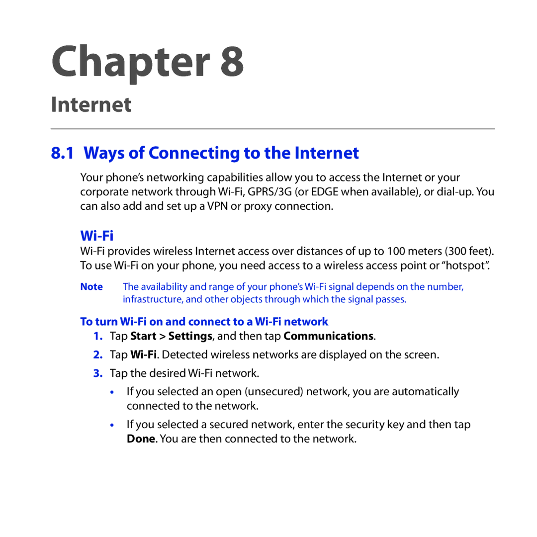 HTC Diamond2 user manual Ways of Connecting to the Internet, To turn Wi-Fi on and connect to a Wi-Fi network 