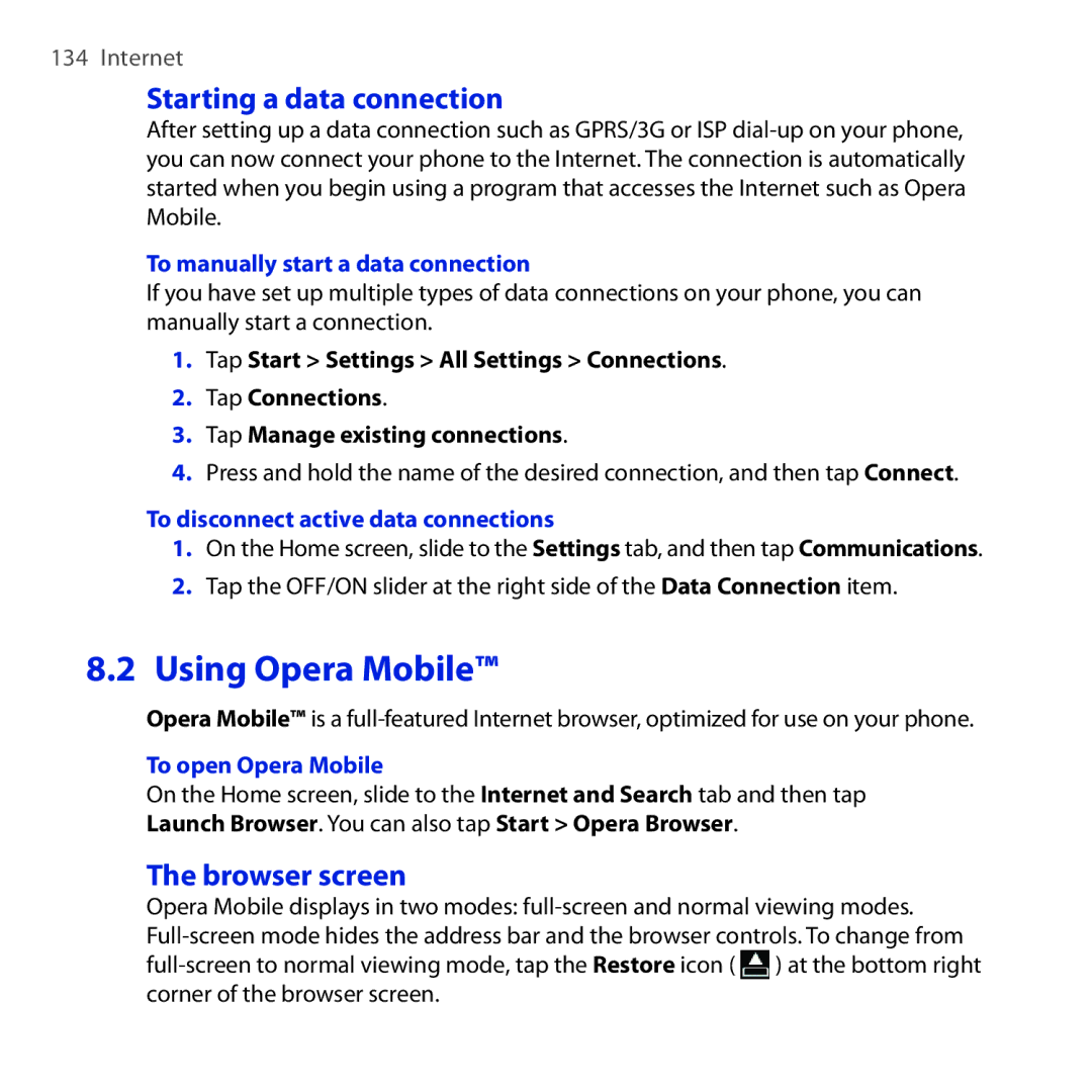 HTC Diamond2 user manual Using Opera Mobile, Starting a data connection, Browser screen 