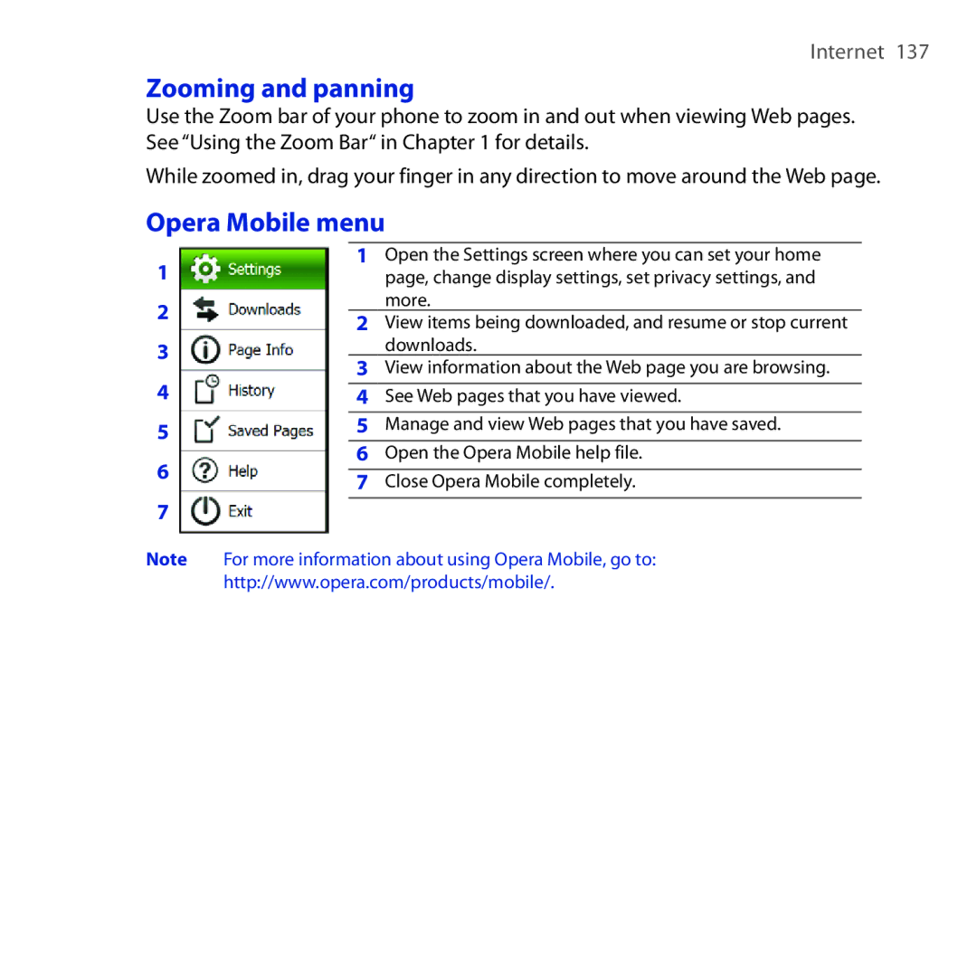 HTC Diamond2 user manual Zooming and panning, Opera Mobile menu 