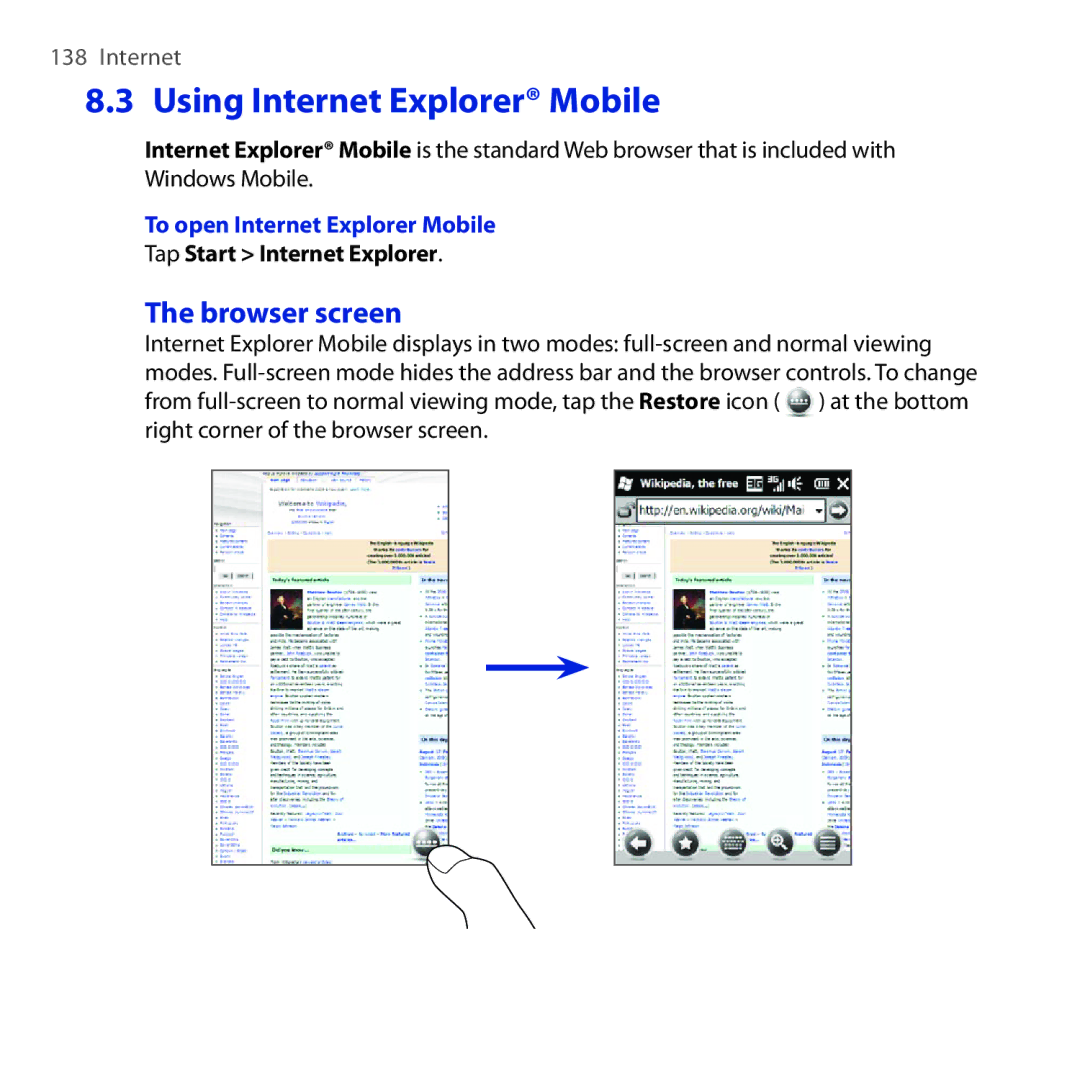 HTC Diamond2 user manual Using Internet Explorer Mobile, To open Internet Explorer Mobile, Tap Start Internet Explorer 