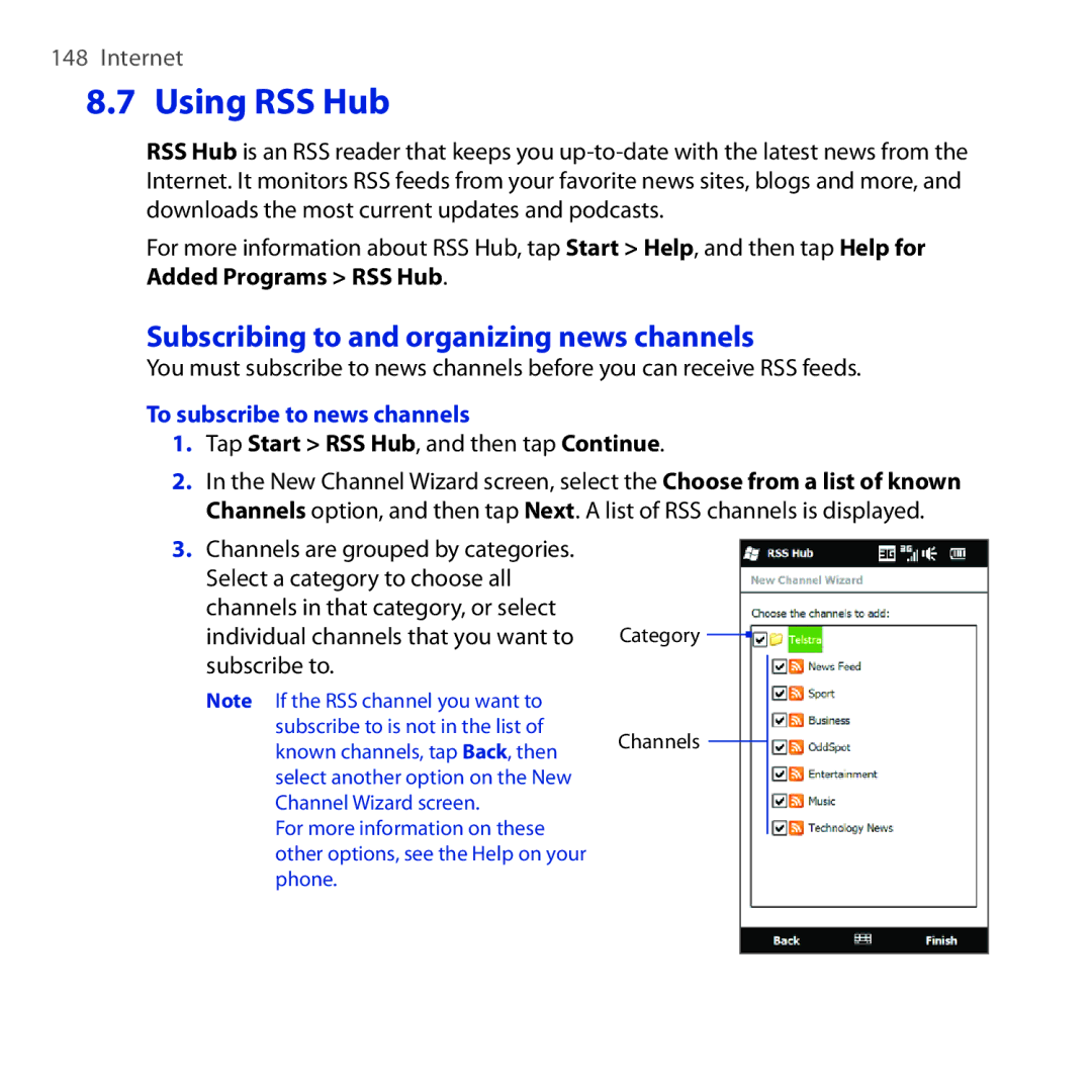 HTC Diamond2 user manual Using RSS Hub, Subscribing to and organizing news channels, To subscribe to news channels 