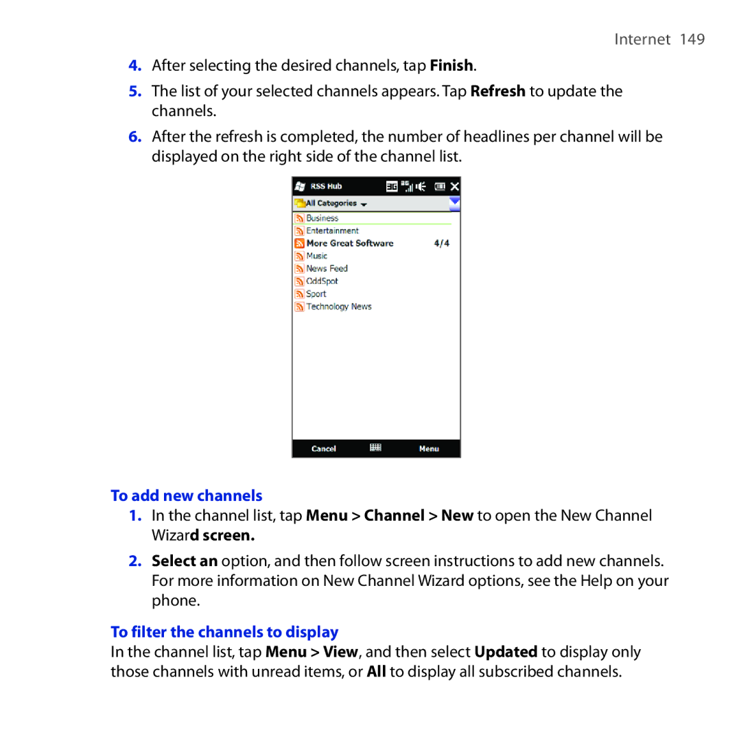 HTC Diamond2 user manual To add new channels, To filter the channels to display 